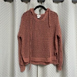 Nicole Miller Artelier Crochet Knit Hoodie Sweater in an Orange Rust